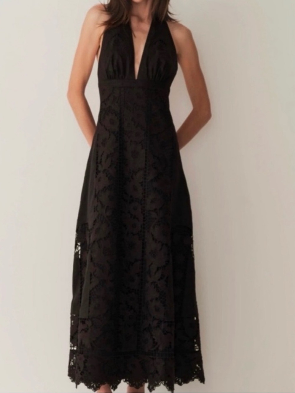 Doen Heirloom Mariza Black Linen Embroidery Halter Maxi Dress